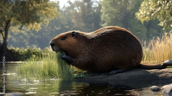 Fototapeta large beaver eating grass along river bank