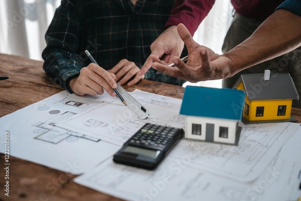 Fototapeta Two male engineers and a strong woman discuss blueprints and home design at a table. They work as a professional team, collaborating on construction projects with precision and expertise
