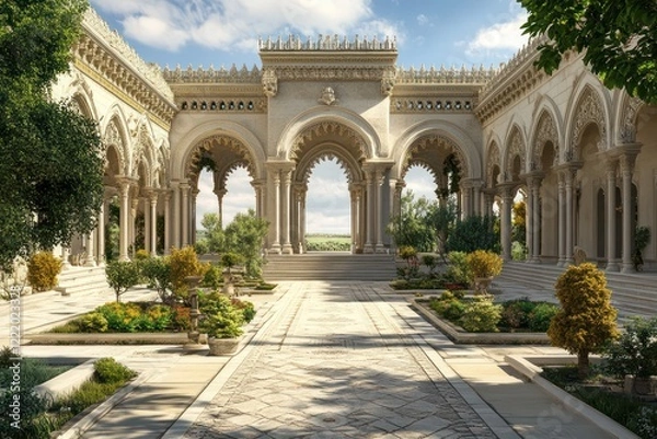 Fototapeta A stately palace with grand arches, intricate stonework, and a symmetrical garden