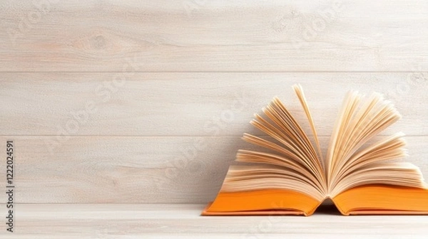 Fototapeta Open book on wooden background, reading, knowledge, education, study, literature, website banner