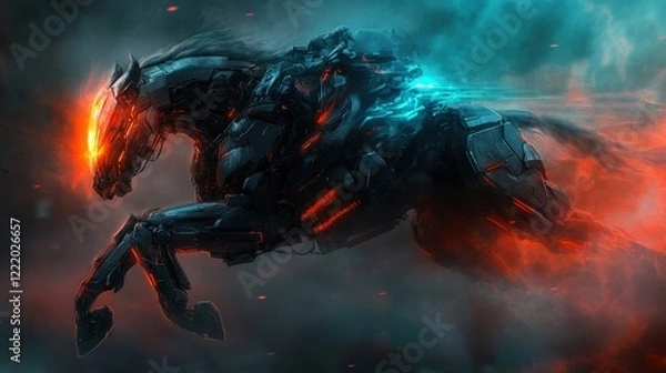 Fototapeta A cybernetic Spartan warrior with a glowing energy shield, riding a metallic horse with laser-sharp hooves, charging into a digital battle