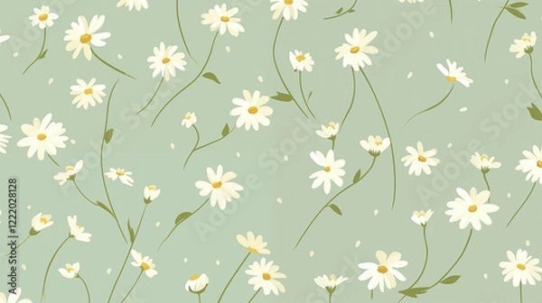 Fototapeta Soft green background adorned with seamless patterns of white daisies and delicate stems, creating a fresh spring aesthetic.