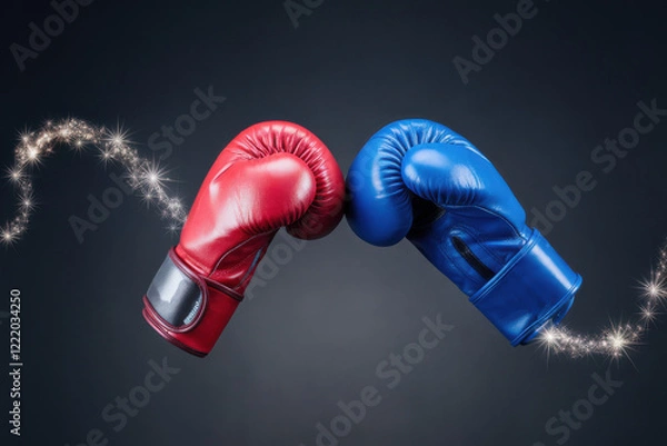 Fototapeta A pair of boxing gloves playfully sparring with each other, leaving stars behind
