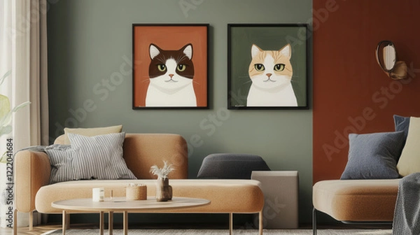 Fototapeta Feline Friends: Two adorable cat portraits, framed and hung side-by-side, bring a touch of warmth and whimsy to a contemporary living room, adding a splash of color and a cozy atmosphere. 