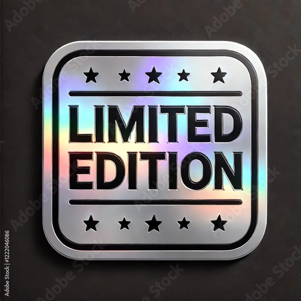 Fototapeta Metallic silver square label with rounded edges and holographic effect, with the words 'LIMITED EDITION' in bold black capital letters, on an isolated black background