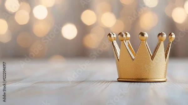 Fototapeta Golden crown on wooden table, bokeh background. Success, achievement concept