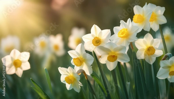 Fototapeta 花 水仙 春 自然 ガーデニング 黄色 白色 花びら 緑 植物 美しい 咲く フローラル 庭 鮮やか 香り 花壇 風景 季節 成長
