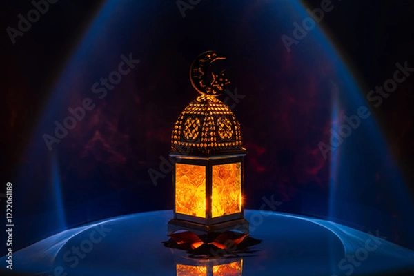 Fototapeta Lantern with moon symbol on top on dark  blue background for the Muslim feast of the holy month of Ramadan Kareem.