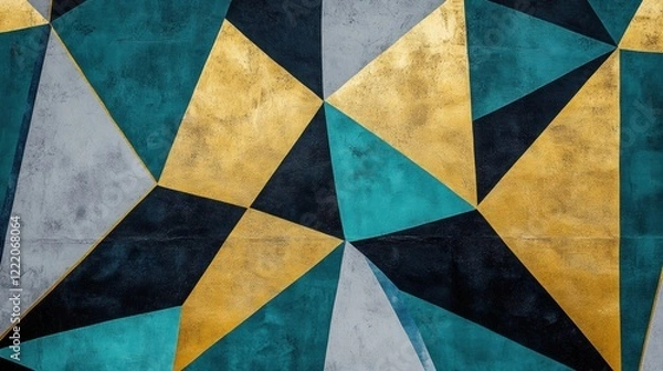 Fototapeta Geometric wallpaper with sharp triangle designs in teal, gold, and matte black