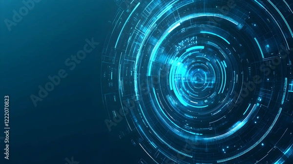 Fototapeta Futuristic tech interface, blue circles, digital data, dark background, website banner