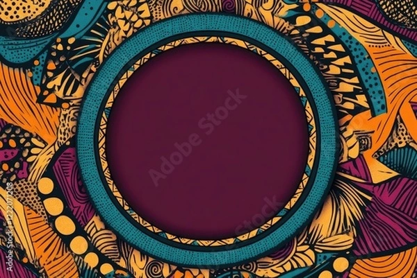 Obraz A blank card template in the center of an African wax print background with geometric patterns, with dark maroon and bright blue accents
