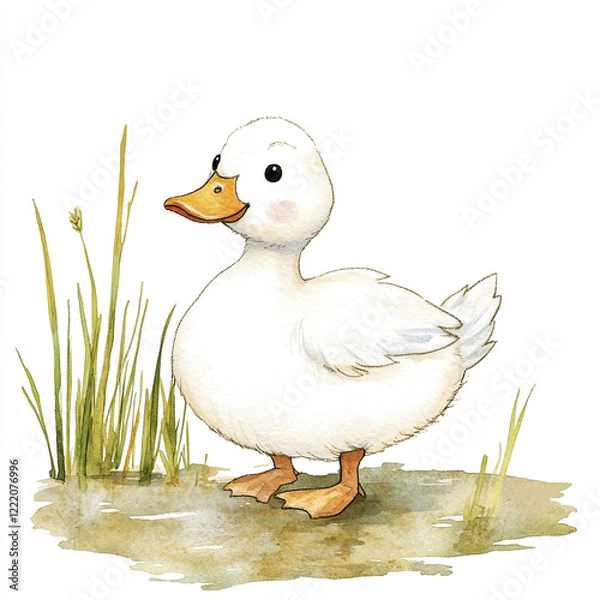 Fototapeta Minimal Isolated Duck Waddles Gracefully Towards the Calm Pond Showcasing Nature's Beauty in a Serene Setting with Soft Reflections and Tranquil Waters
