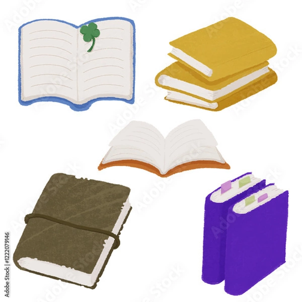 Fototapeta 様々な本の手描きのカラーイラストのセット
