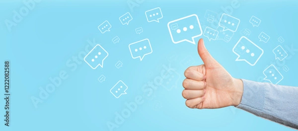 Fototapeta Social network and feedback concept. Send a message with my finger. Talk or comment sign symbol on blue background.