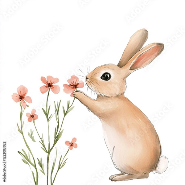 Fototapeta Minimalist Scene of a Rabbit Sniffing Colorful Flowers in a Serene Garden Setting Isolated on White Background Perfect for Nature Lovers and Animal Enthusiasts