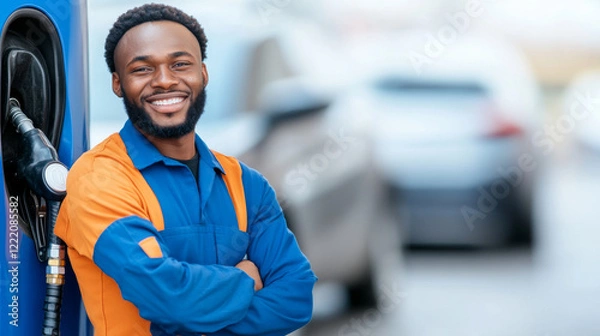 Fototapeta Cheerful gas station attendant in bright uniform with arms crossed, smiling warmly beside a fuel pump, showcasing customer service and positivity outdoors at a vehicle refueling area.