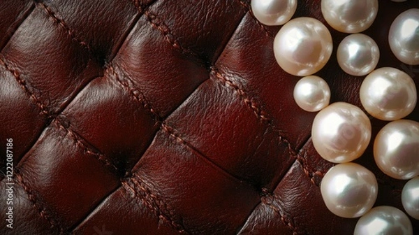 Fototapeta A delicate composition of white pearls on a rich reddish-brown leather backdrop, with soft-focus highlighting their classic beauty, offering a refined and elegant feel with room for text