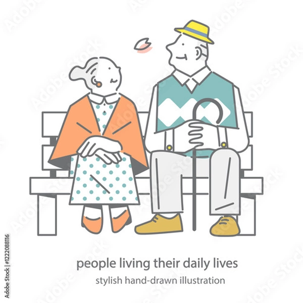 Fototapeta 公園のベンチで休憩をするシニア夫婦　シンプルでお洒落な手描きイラスト