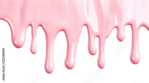 Fototapeta The image shows pink liquid dripping downwards against a black background showcasing its glossy texture and flow.