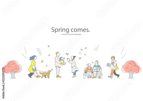 Fototapeta それぞれのライフスタイルで生きる人々　シンプルでお洒落な手描きイラスト