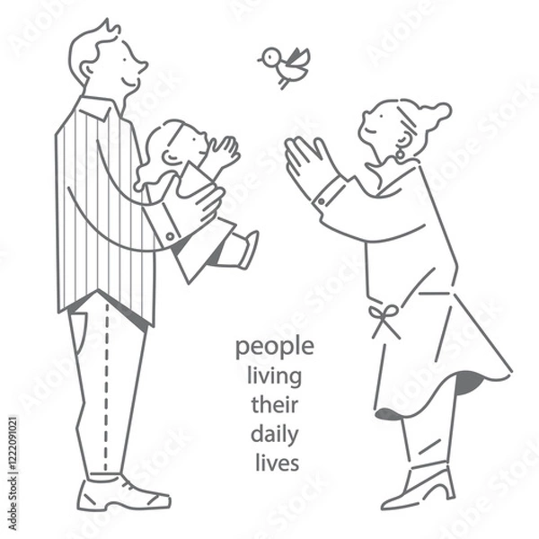 Fototapeta 屋外で遊ぶ若い家族　シンプルでお洒落な手描きイラスト