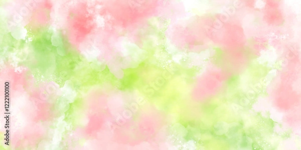 Obraz 春色の水彩抽象画, ピンクと白とグリーンのにじみが美しい背景