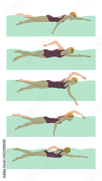 Fototapeta Vector illustration of swimming tutorial,man and girl doing swim,how do swim,swimming step for education,poster,learning,school and more