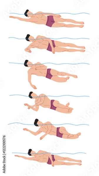 Fototapeta Vector illustration of swimming tutorial,man and girl doing swim,how do swim,swimming step for education,poster,learning,school and more