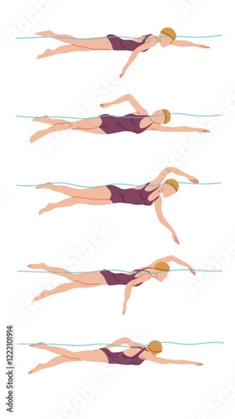 Fototapeta Vector illustration of swimming tutorial,man and girl doing swim,how do swim,swimming step for education,poster,learning,school and more