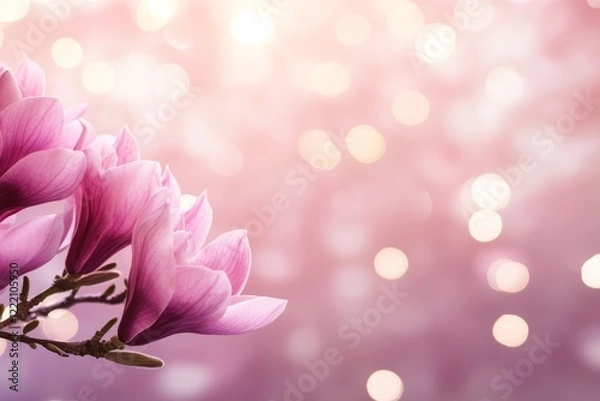 Fototapeta Delicate pink magnolia flower blossoms are highlighted with enchanting bokeh effects in the background, providing ample space for text on the right side