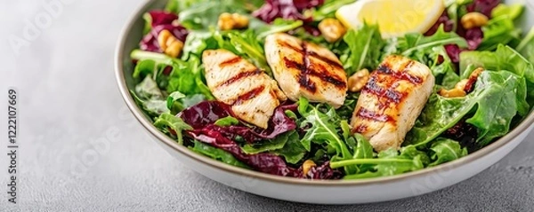 Fototapeta Weight loss foods idea. A fresh green salad topped with grilled chicken and garnished with lemon.