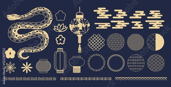Obraz Traditional elements for decoration and ornament. Chinese lanterns, frames, year of the snake, clouds, flowers. Chinese New Year. Oriental geometric shapes. Trendy modern style. One line art.  