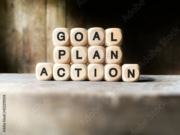 Obraz Inspirational and Motivational Success Quote - GOAL PLAN ACTION on wooden cubes background. Stock photo.