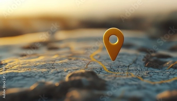 Fototapeta yellow location pin on a map, depicting personalized route planning for road trip concept.