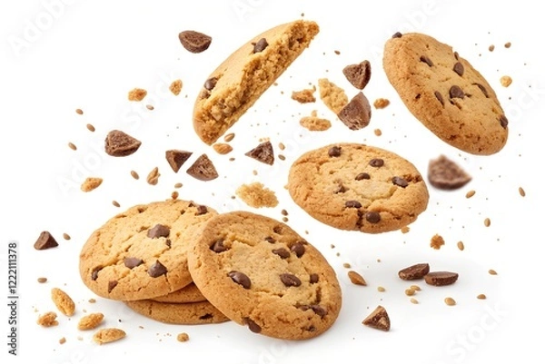 Fototapeta Cookies with slices and crumbs turning into flying cookies slices isolated on a white background