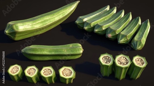 Fototapeta 3D realistic okra pods with sliced sections.