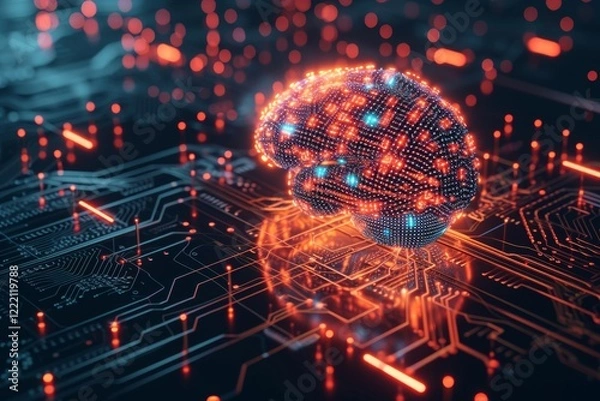 Fototapeta The neural interface showcases a human brain depicted with bright digital elements interacting with a complex network of circuitry