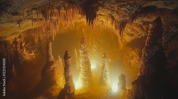 Fototapeta Illuminated stalagmites and stalactites in an underground cave natural environment stunning visuals mystical atmosphere