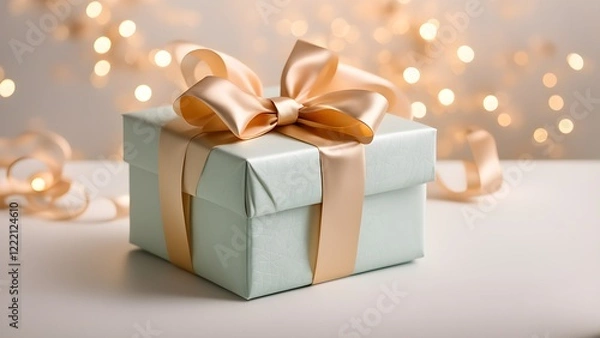 Fototapeta Elegant light green gift box with a gold ribbon and bow, set against a bokeh background of warm lights.