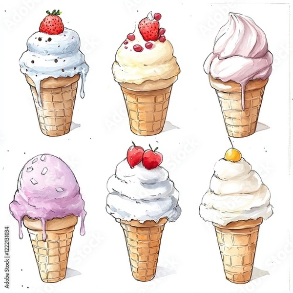 Fototapeta Six colorful ice cream cones with different toppings and flavors.