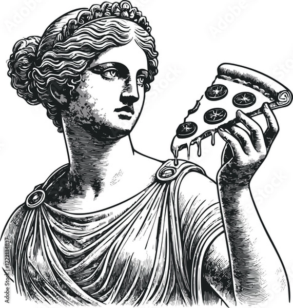 Obraz classical Greek or Roman statue with pizza, ancient sculpture with food style sketch engraving generative ai fictional character vector illustration. Scratch board imitation. Black and white image