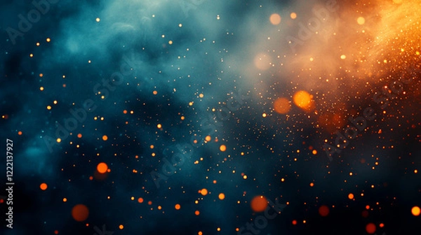 Fototapeta fire particles, smoke, and sparks symbolizing aftermath of a catastrophe, bomb explosion, or military operation, chaotic scene with noise and debris, empty design space