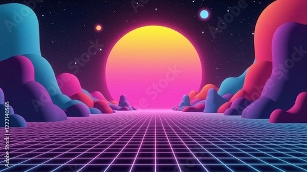 Fototapeta  An 80s-inspired design featuring bold geometric shapes, vivid neon gradients, and a soft glowing grid fading into the horizon.