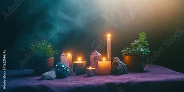 Obraz Candles and crystals on table with plants in mystical setting