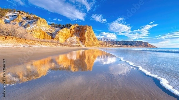 Fototapeta Coastal cliffs reflecting in calm ocean, winter beach scene