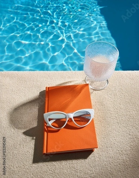 Fototapeta Generated image AI Creative summer scene with orange book, stylish white sunglasses and crystal glass on sunny blue and sandy background. Leisure by the pool idea