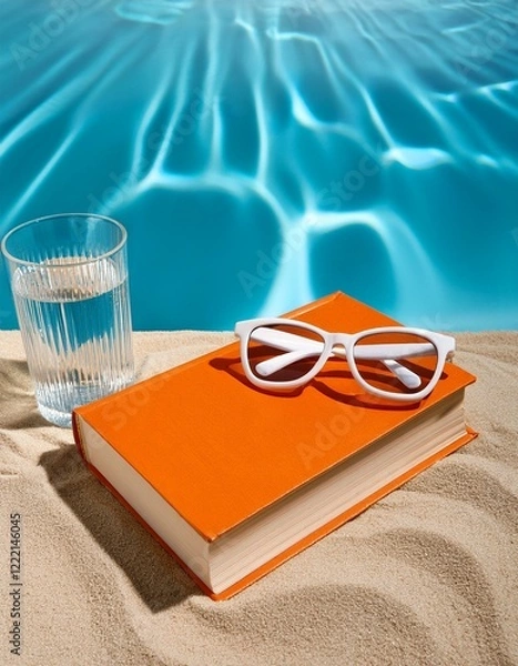Fototapeta Generated image AI Creative summer scene with orange book, stylish white sunglasses and crystal glass on sunny blue and sandy background. Leisure by the pool idea