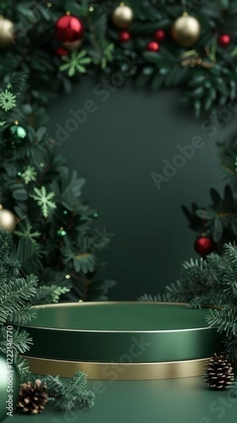 Fototapeta Festive Green Display with Holiday Decorations and Blank Space