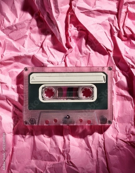 Fototapeta Generated image AI old cassette tape on crumpled pink background. retro and nostalgia style. vintage music concept. copy space. Y2K design trend, 2000 year