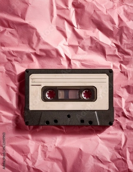 Fototapeta Generated image AI old cassette tape on crumpled pink background. retro and nostalgia style. vintage music concept. copy space. Y2K design trend, 2000 year